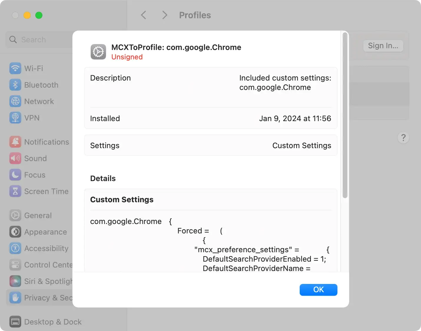 captura de tela da visualização do perfil de configuração no macOS